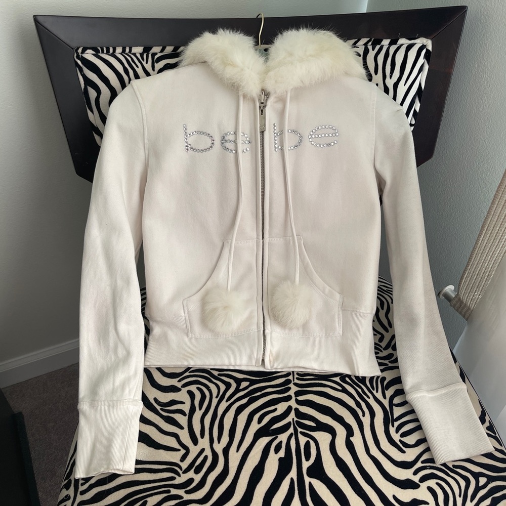 Bebe White Hooded Sweater Jacket with Fur